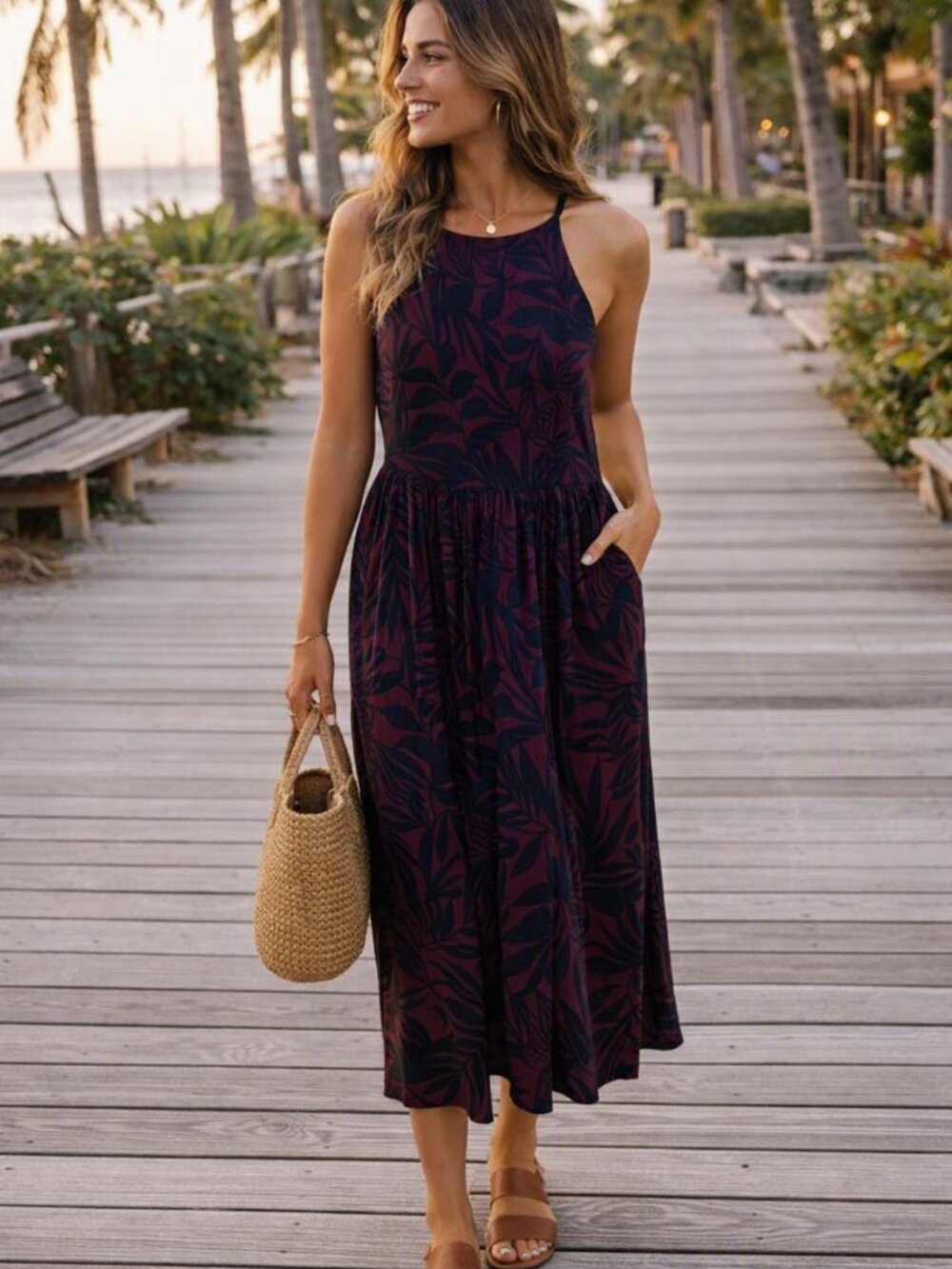 LOFT Sleeveless Floral Print Midi Dress in Plum and Black